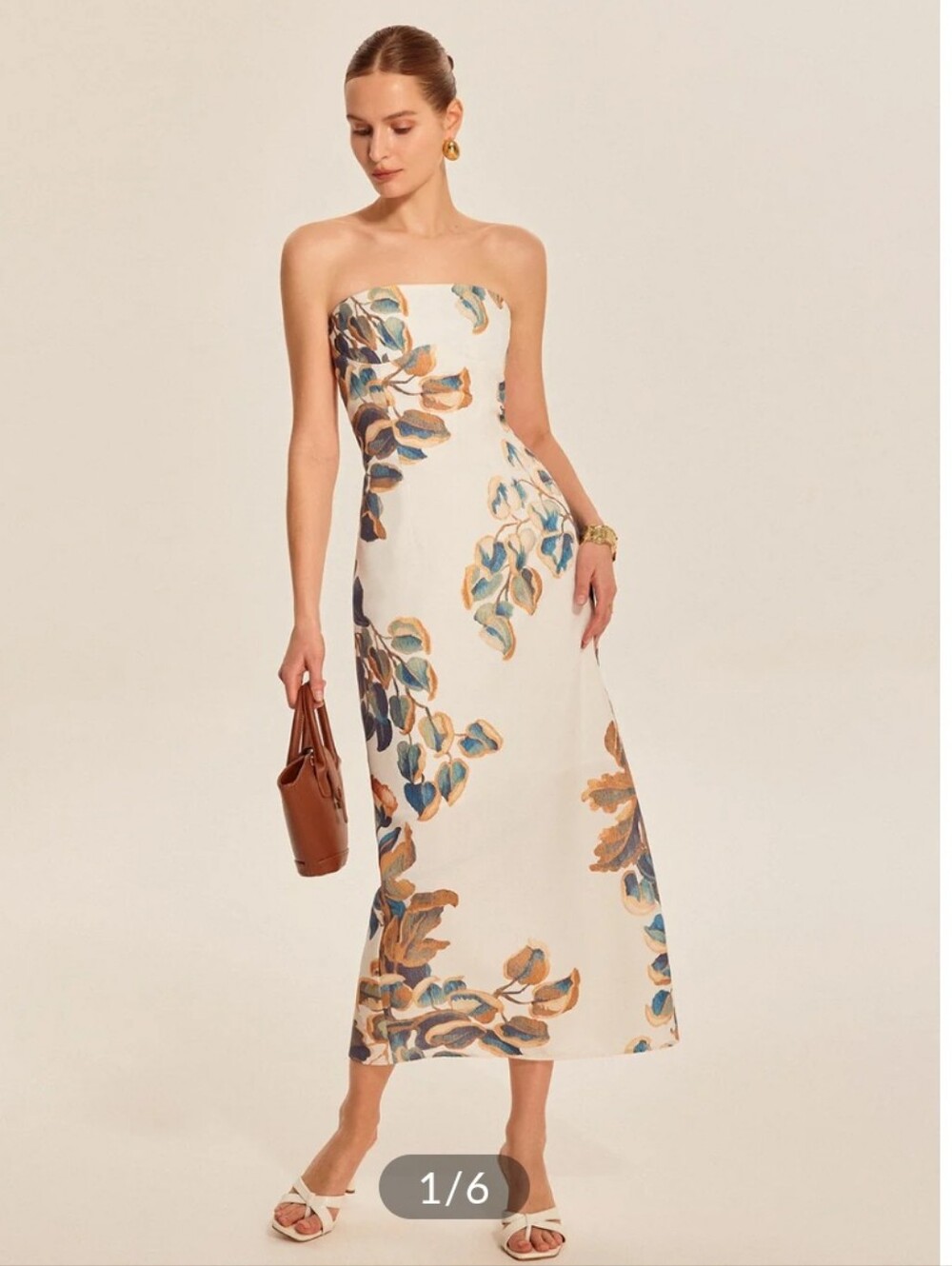 Commense Strapless Floral Midi Dress in Cream and Blue